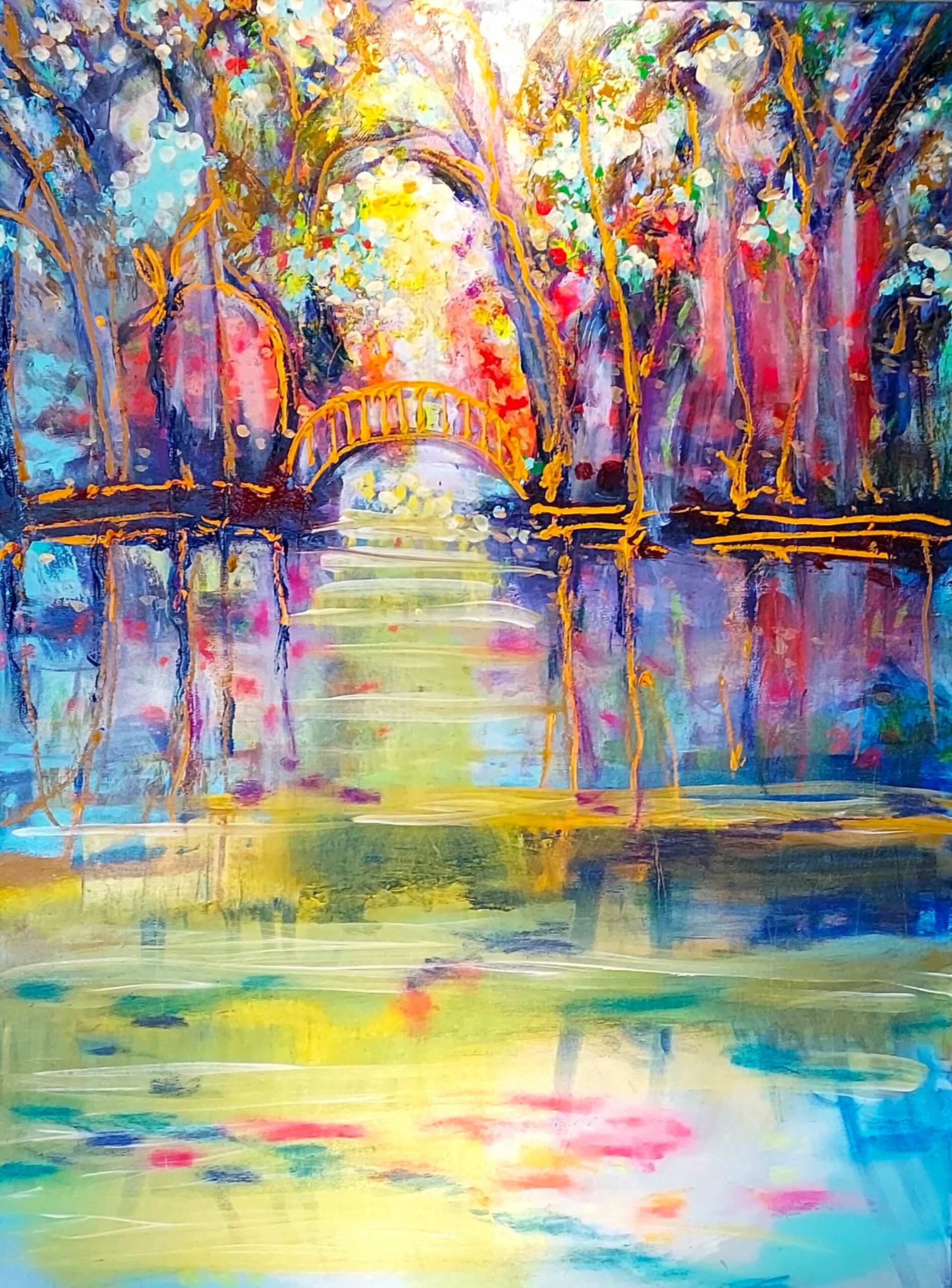 Golden bridge reflected in luminous forest, mixed media painting by Kirk Boes
